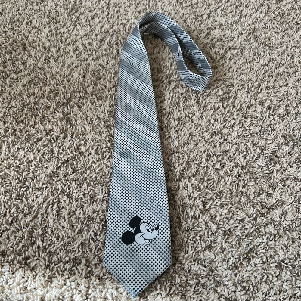 Disney Cervantes necktie with Mickey Mouse. Silver gray white black.